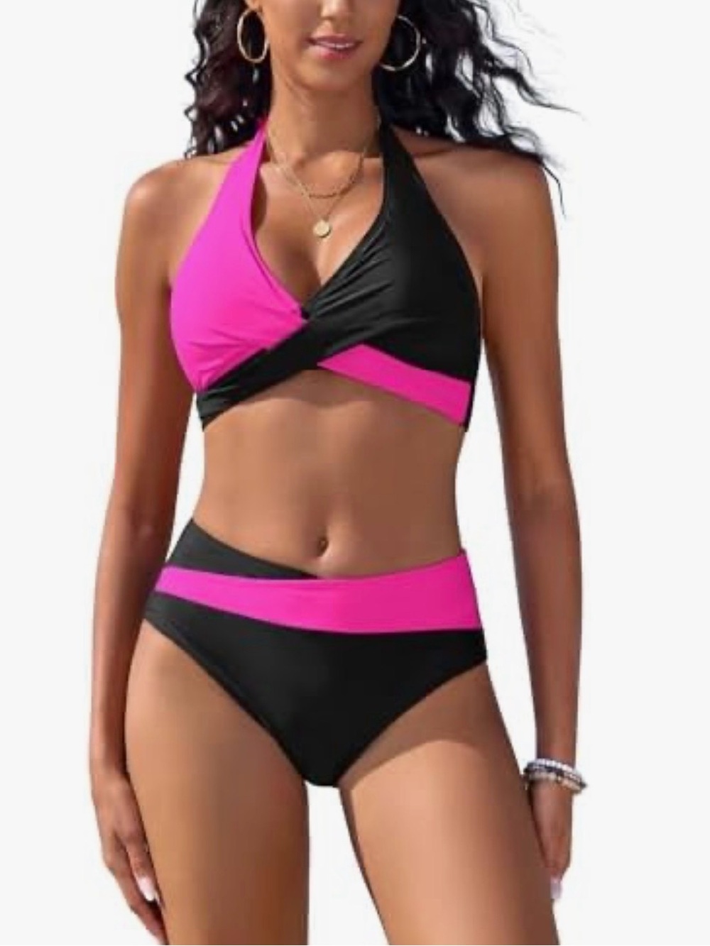 Women’s Black & Pink Colorblock Halter Bikini Top and High-Waist Bottom